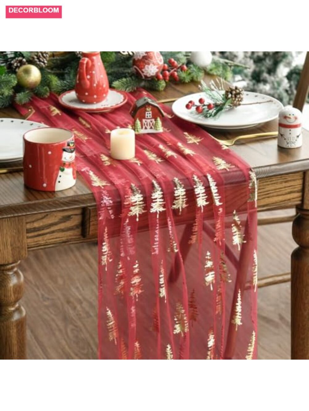 Christmas Tree Gauze Table Runner 28x120 Inch Polyester Sheer Holiday Dining